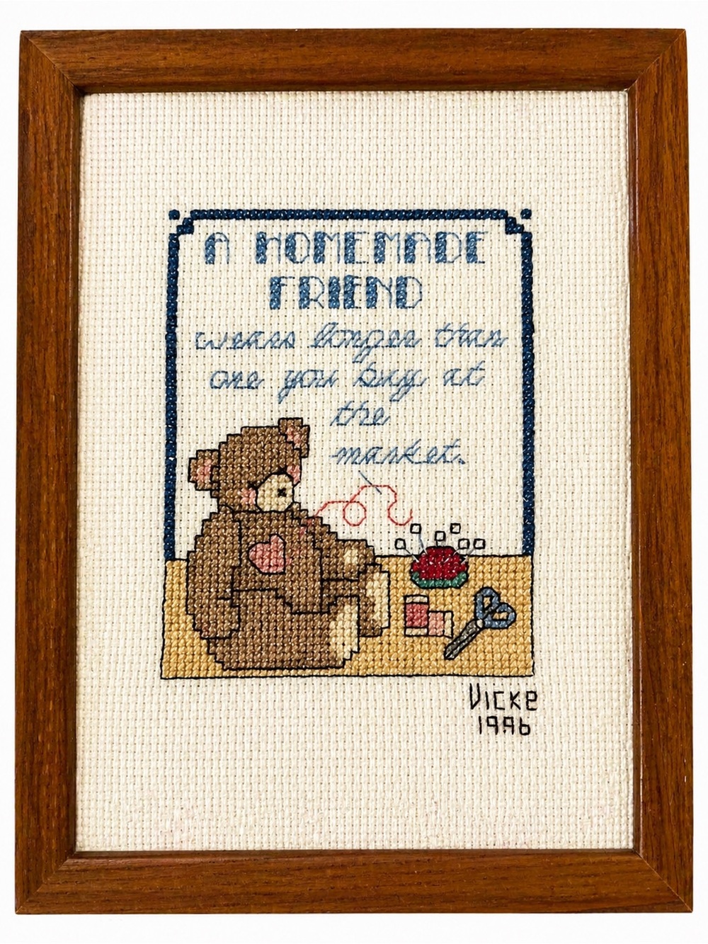 Vintage Handmade Cross Stitch Framed Art Teddy Bear Sewing Theme 10x8